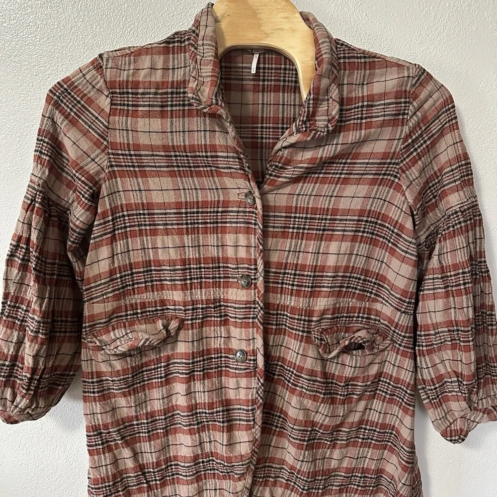 Free‎ People Victorian Plaid Jacket Size Medium Red Brown Oversized